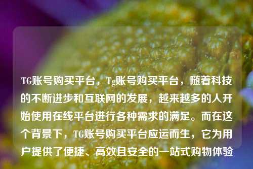TG账号购买平台，Tg账号购买平台，随着科技的不断进步和互联网的发展，越来越多的人开始使用在线平台进行各种需求的满足。而在这个背景下，TG账号购买平台应运而生，它为用户提供了便捷、高效且安全的一站式购物体验